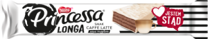 Princessa Longa Kakaowy wafel przekładany kremem o smaku caffe latte oblany białą polewą 40 g