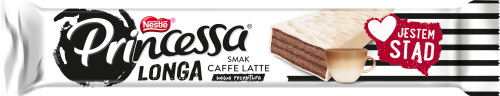 Princessa Longa Kakaowy wafel przekładany kremem o smaku caffe latte oblany białą polewą 40 g