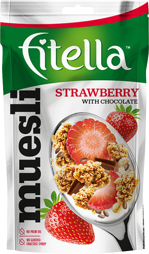 Fitella Musli chrupkie truskawkowe z siemieniem lnianym i kawałkami czekolady 50 g