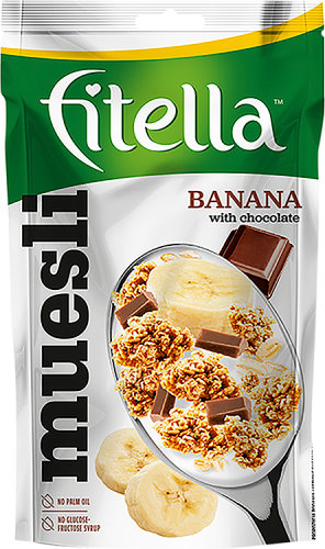 Fitella Musli chrupkie bananowe z kawałkami czekolady i nasionami chia 50 g