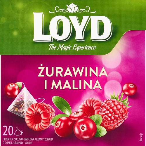Loyd Herbatka ziołowo-owocowa aromatyzowana o smaku żurawiny i maliny 40 g (20 x 2 g)