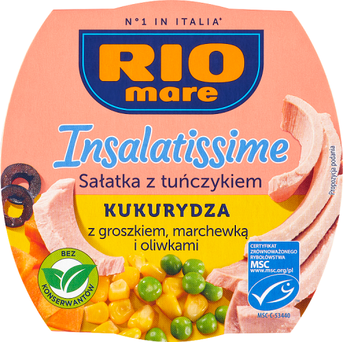 Rio Mare Insalatissime Sałatka z tuńczykiem kukurydza z groszkiem marchewką i oliwkami 160 g