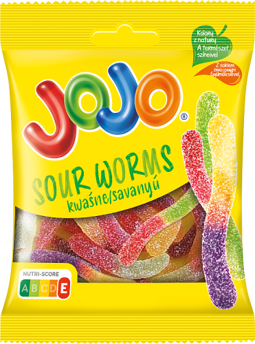 Jojo Sour Worms Mieszanka kwaśnych żelków o smaku owocowym 80 g
