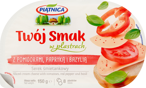 Piątnica Twój Smak Serek z pomidorami papryką i bazylią w plastrach 150 g