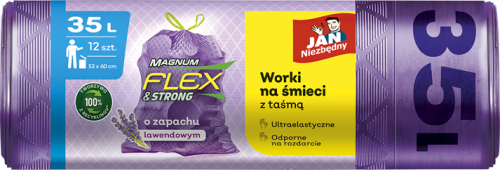 Jan Niezbędny Magnum Flex &amp; Strong Worki na śmieci z taśmą o zapachu lawendowym 35 l 12 sztuk