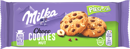 Milka Pieguski Choco Cookies Nut Ciasteczka z kawałkami czekolady mlecznej i orzechami 135 g