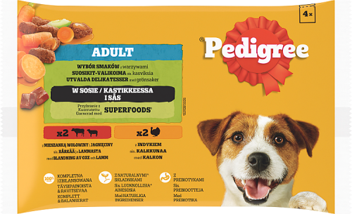 Pedigree Adult Mokra karma dla dorosłych psów wybór smaków z warzywami w sosie 400 g (4 x 100 g)