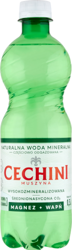 Cechini Muszyna Naturalna woda mineralna wysokozmineralizowana średnionasycona CO₂ 0,5 l (plus KAUCJA)
