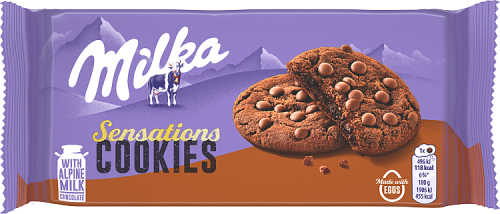 Milka Sensations Cookies, ciastka kakaowe z miękkim środkiem i kawałkami mlecznej czekolady - 156 g