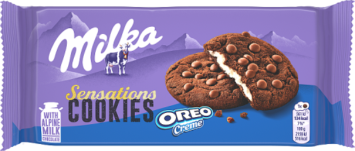 Milka Oreo Sensations, ciastka kakaowe z kawałkami czekolady i nadzieniem o smaku waniliowym - 156 g