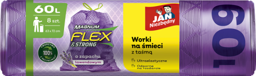 Jan Niezbędny Magnum Flex &amp; Strong Worki na śmieci z taśmą o zapachu lawendowym 60 l 8 sztuk