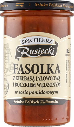 Spichlerz Rusiecki Fasolka z kiełbasą jałowcową i boczkiem wędzonym w sosie pomidorowym 470 g